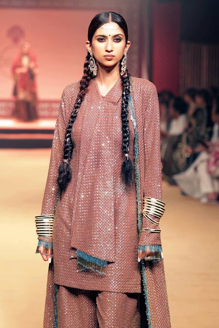 Nitya Bajaj_Gold Georgette Embroidery Sequin V Work Tunic And Pant Set With Jacket _Online_at_Aza_Fashions