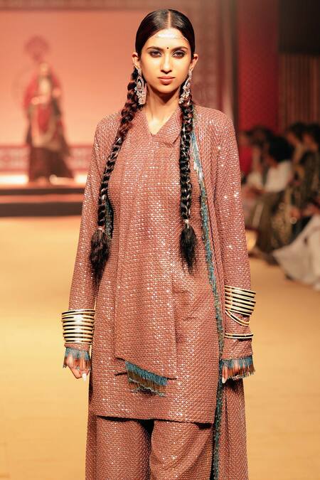 Buy_Nitya Bajaj_Gold Georgette Embroidery Sequin V Work Tunic And Pant Set With Jacket _Online_at_Aza_Fashions