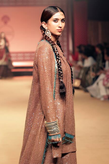 Shop_Nitya Bajaj_Gold Georgette Embroidery Sequin V Work Tunic And Pant Set With Jacket _Online_at_Aza_Fashions