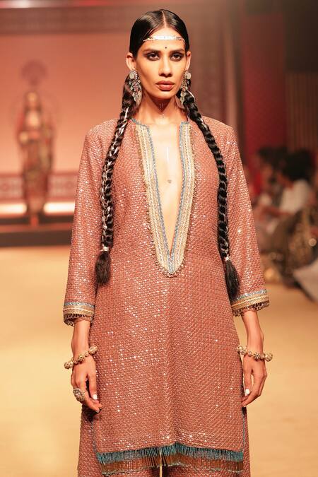 Nitya Bajaj_Gold Georgette Beads, Sequins V-neck Work Tunic And Pant Set_Online_at_Aza_Fashions