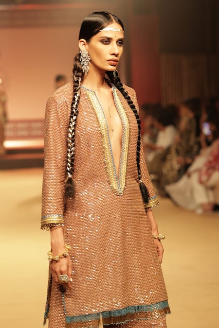 Buy_Nitya Bajaj_Gold Georgette Beads, Sequins V-neck Work Tunic And Pant Set_Online_at_Aza_Fashions