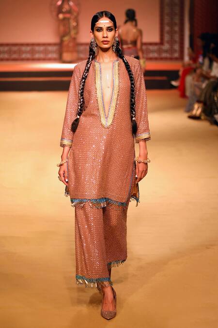 Shop_Nitya Bajaj_Gold Georgette Beads, Sequins V-neck Work Tunic And Pant Set_Online_at_Aza_Fashions