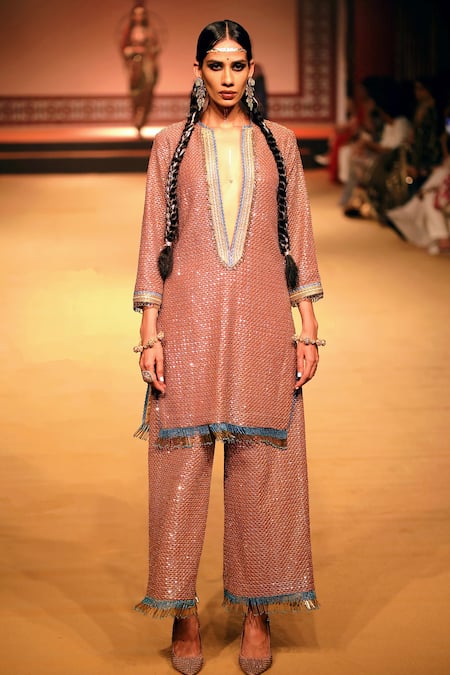 Nitya Bajaj_Gold Georgette Beads, Sequins V-neck Work Tunic And Pant Set_at_Aza_Fashions