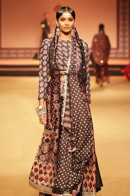 Nitya Bajaj_Black Saree And Blouse Viscose Crepe Hand Block Printed Ajrakh With  _Online_at_Aza_Fashions