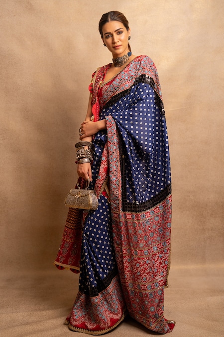 Nitya Bajaj Blue Viscose Crepe Hand Block Printed Bandhej Saree With Blouse 