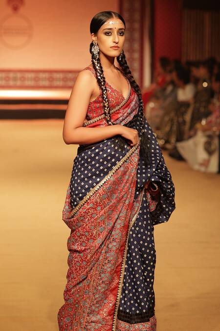 Buy_Nitya Bajaj_Blue Viscose Crepe Hand Block Printed Bandhej Saree With Blouse _Online_at_Aza_Fashions