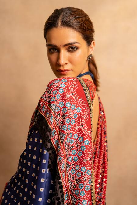 Shop Nitya Bajaj Blue Viscose Crepe Hand Block Printed Bandhej Saree With Blouse Online at Aza Fashions Shop_Nitya Bajaj_Blue Viscose Crepe Hand Block Printed Bandhej Saree With Blouse _Online_at_Aza_Fashions