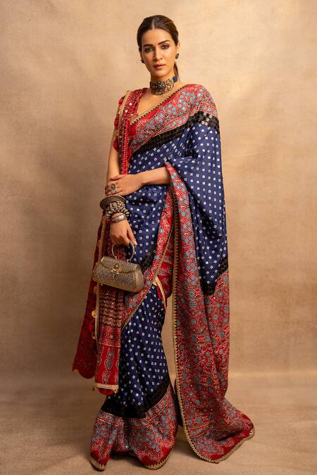 navy-blue pink pure handmade handicraft bandhej bandhani saree - Pramukh  Fab - 3999262