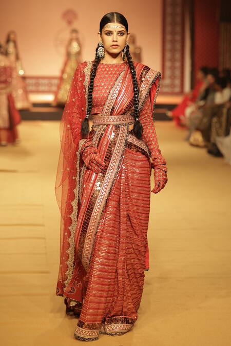 Nitya Bajaj_Orange Georgette Embroidery Sequin Round Stripe Saree With Blouse _Online_at_Aza_Fashions