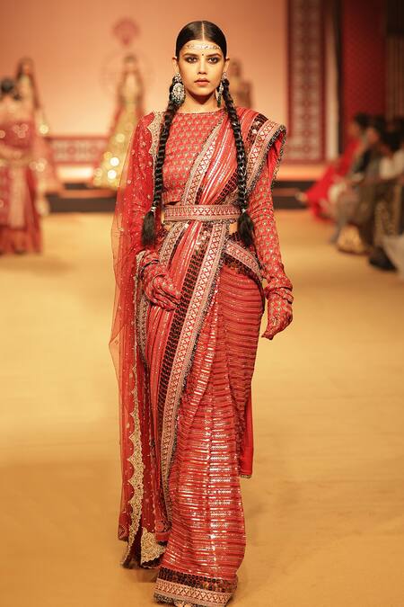 Buy_Nitya Bajaj_Orange Georgette Embroidery Sequin Round Stripe Saree With Blouse _Online_at_Aza_Fashions