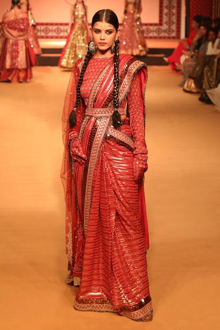 Shop_Nitya Bajaj_Orange Georgette Embroidery Sequin Round Stripe Saree With Blouse _Online_at_Aza_Fashions