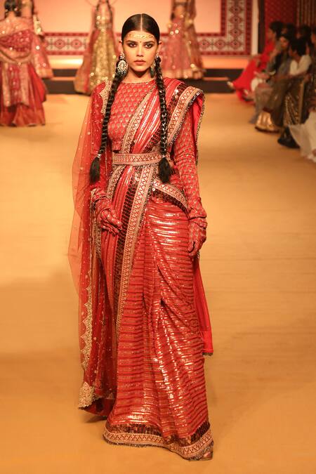 Nitya Bajaj_Orange Georgette Embroidery Sequin Round Stripe Saree With Blouse _at_Aza_Fashions