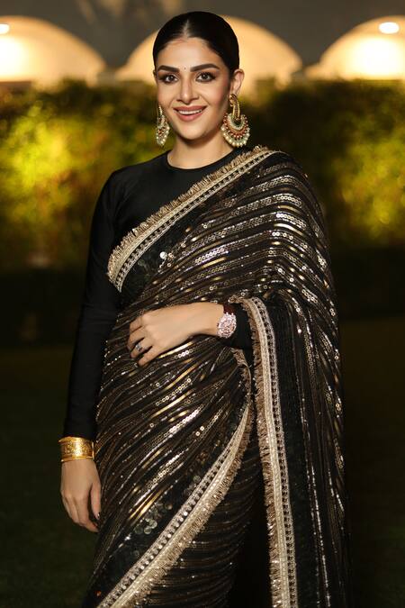 Nitya Bajaj_Black Georgette, Lycra Sequins, Embroidery Round Neck Stripe Saree With Blouse_Online_at_Aza_Fashions