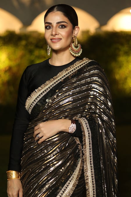 Black Sequins hot Stripe Saree