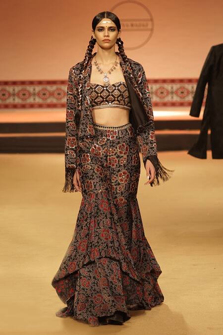 Shop_Nitya Bajaj_Black Modal, Silk Beads, Embroidery Sweetheart Neck, Printed Jacket Sharara Set _at_Aza_Fashions