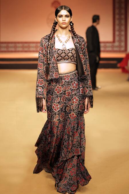 Buy_Nitya Bajaj_Black Modal, Silk Beads, Embroidery Sweetheart Neck, Printed Jacket Sharara Set _Online_at_Aza_Fashions