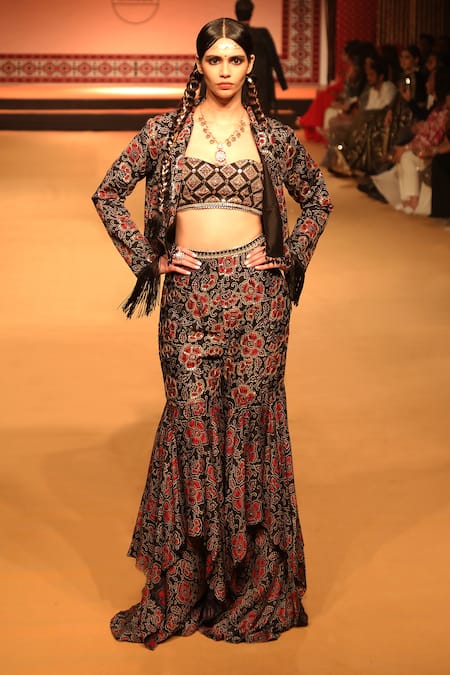 Shop_Nitya Bajaj_Black Modal, Silk Beads, Embroidery Sweetheart Neck, Printed Jacket Sharara Set _Online_at_Aza_Fashions