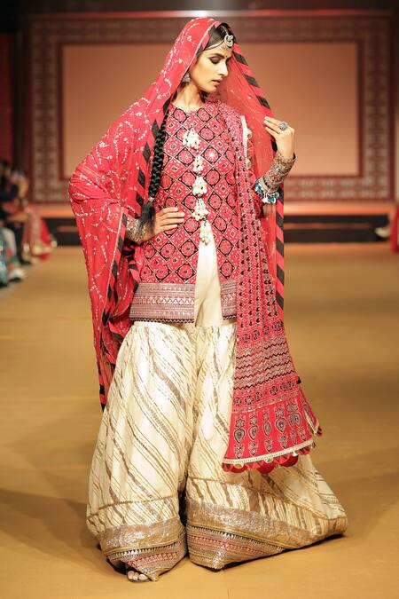 Nitya Bajaj_Red , Satin, Silk Sequins, Tassels, Gota Ajrakh Print Kurta Set_Online_at_Aza_Fashions