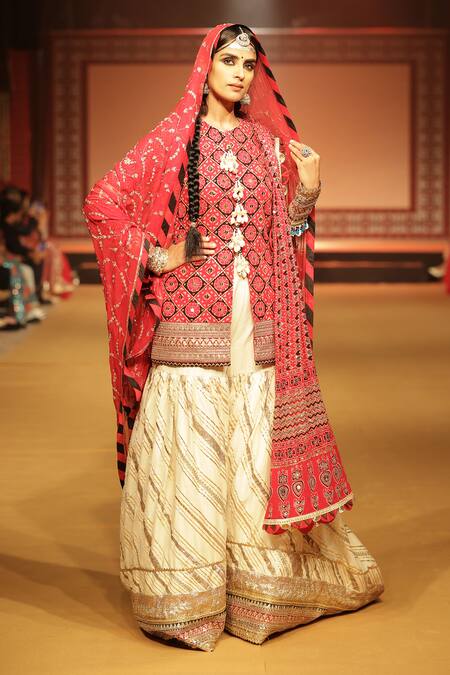 Buy_Nitya Bajaj_Red , Satin, Silk Sequins, Tassels, Gota Ajrakh Print Kurta Set_Online_at_Aza_Fashions