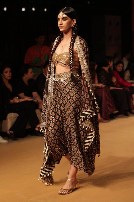 Nitya Bajaj_Black Modal, Silk Sequins, Embroidery Printed And Cape Draped Skirt Set_Online_at_Aza_Fashions