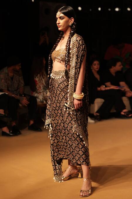 Buy_Nitya Bajaj_Black Modal, Silk Sequins, Embroidery Printed And Cape Draped Skirt Set_Online_at_Aza_Fashions