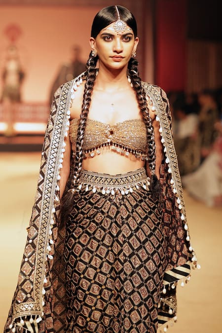 Shop_Nitya Bajaj_Black Modal, Silk Sequins, Embroidery Printed And Cape Draped Skirt Set_Online_at_Aza_Fashions