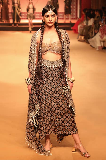 Nitya Bajaj_Black Modal, Silk Sequins, Embroidery Printed And Cape Draped Skirt Set_at_Aza_Fashions