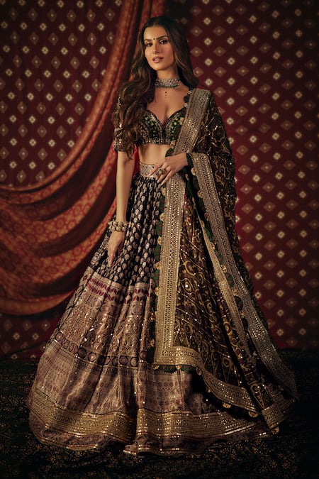 Shop_Nitya Bajaj_Black Modal, Silk, Taffeta Zari, Sequins Ajrakh Print And Embroidered Lehenga Set _at_Aza_Fashions