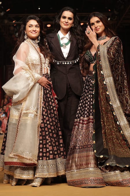 Buy_Nitya Bajaj_Black Modal, Silk, Taffeta Zari, Sequins Ajrakh Print And Embroidered Lehenga Set _Online_at_Aza_Fashions