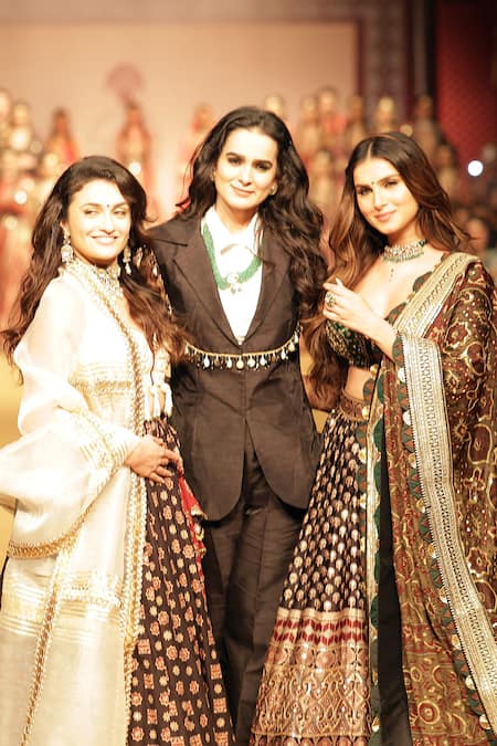Shop_Nitya Bajaj_Black Modal, Silk, Taffeta Zari, Sequins Ajrakh Print And Embroidered Lehenga Set _Online_at_Aza_Fashions