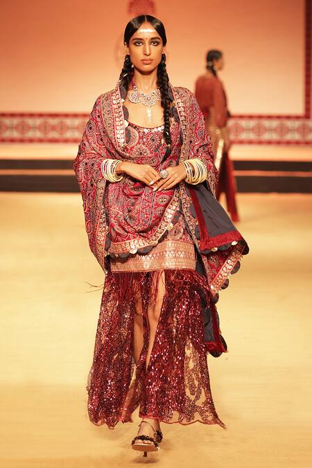 Nitya Bajaj_Red Net, Modal, Silk Sequins, Zari Round Neck Printed Kurta Skirt Set_Online_at_Aza_Fashions