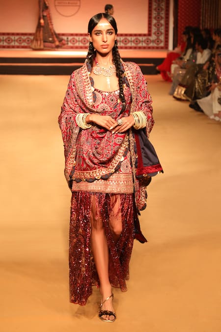 Nitya Bajaj_Red Net, Modal, Silk Sequins, Zari Round Neck Printed Kurta Skirt Set_at_Aza_Fashions