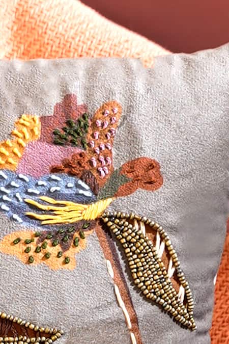 Mid July Home_Beige Premium Velvet Hand Embroidery Petals Cushion Cover_Online_at_Aza_Fashions