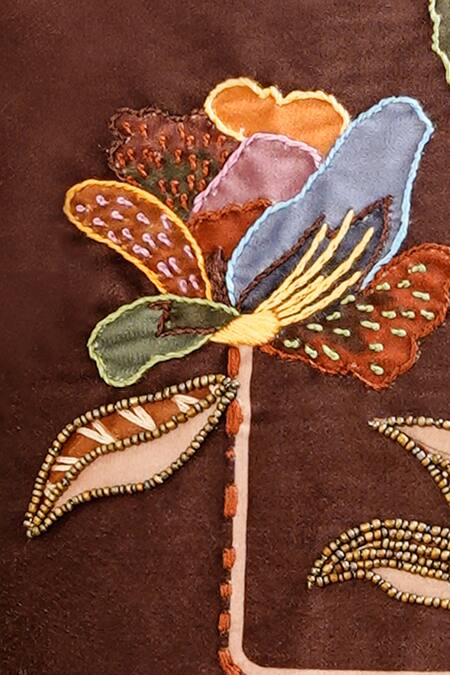 Mid July Home_Brown Premium Velvet Hand Embroidery Flower Cushion Cover_Online_at_Aza_Fashions
