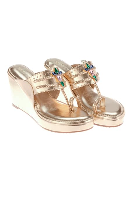 Tic Tac Toe Footwear Gold Embellished Metallic Kolhapuri Wedges 