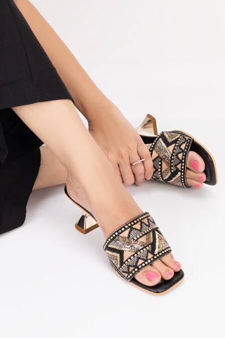 Tic Tac Toe Footwear Black Embroidery Cutdana Pyramid Heels Online at Aza Fashions Tic Tac Toe Footwear_Black Embroidery Cutdana Pyramid Heels_Online_at_Aza_Fashions
