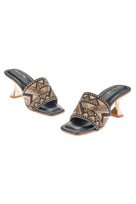 Shop Tic Tac Toe Footwear Black Embroidery Cutdana Pyramid Heels Online at Aza Fashions Shop_Tic Tac Toe Footwear_Black Embroidery Cutdana Pyramid Heels_Online_at_Aza_Fashions
