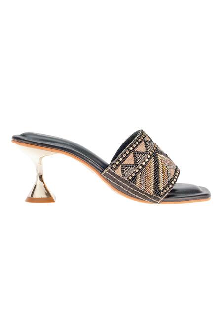 Tic Tac Toe Footwear Black Embroidery Cutdana Pyramid Heels at Aza Fashions Tic Tac Toe Footwear_Black Embroidery Cutdana Pyramid Heels_at_Aza_Fashions