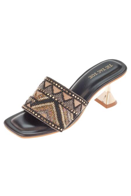 Buy Tic Tac Toe Footwear Black Embroidery Cutdana Pyramid Heels Buy_Tic Tac Toe Footwear_Black Embroidery Cutdana Pyramid Heels