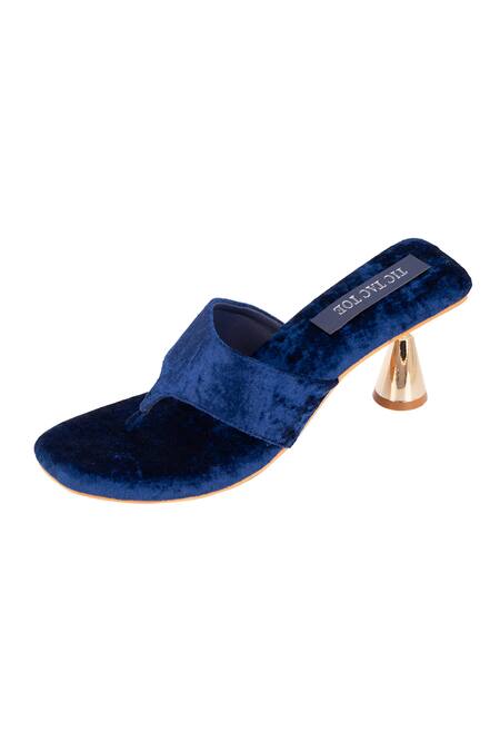 Buy_Tic Tac Toe Footwear_Blue Solid Velvet Pyramid Heels_Online_at_Aza_Fashions