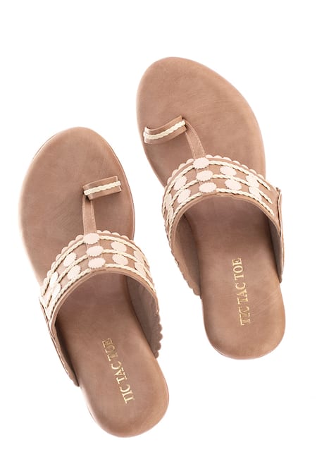 Tic Tac Toe Footwear Brown Embellished Cushioned Kolhapuri Wedges 