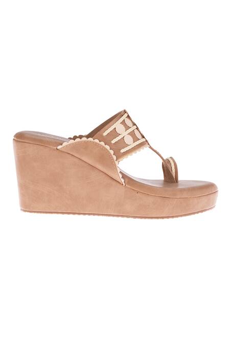 Tic Tac Toe Footwear_Brown Embellished Cushioned Kolhapuri Wedges_Online_at_Aza_Fashions