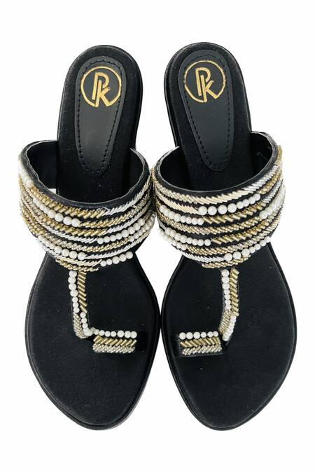 Shop_Preet Kaur_Black Embroidery Aaina Kolhapuri Heels _at_Aza_Fashions