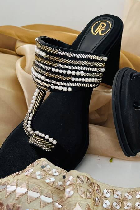 Shop_Preet Kaur_Black Embroidery Aaina Kolhapuri Heels _Online_at_Aza_Fashions