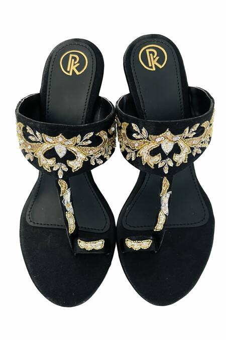 Shop Preet Kaur Black Embroidery, Sequins Sunehri Floral Wedges at Aza Fashions Shop_Preet Kaur_Black Embroidery, Sequins Sunehri Floral Wedges _at_Aza_Fashions