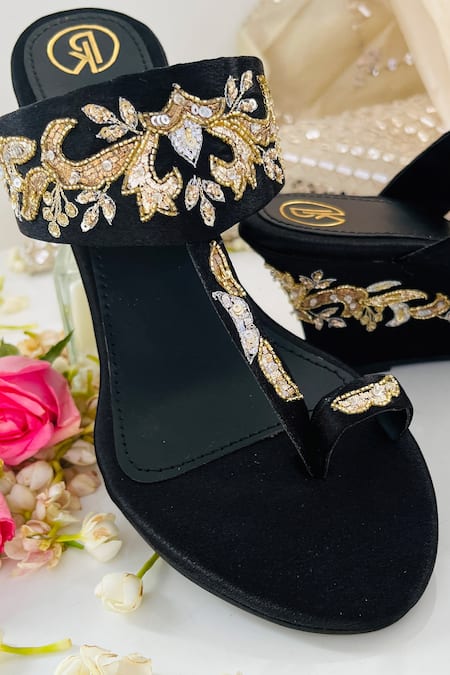 Shop Preet Kaur Black Embroidery, Sequins Sunehri Floral Wedges Online at Aza Fashions Shop_Preet Kaur_Black Embroidery, Sequins Sunehri Floral Wedges _Online_at_Aza_Fashions