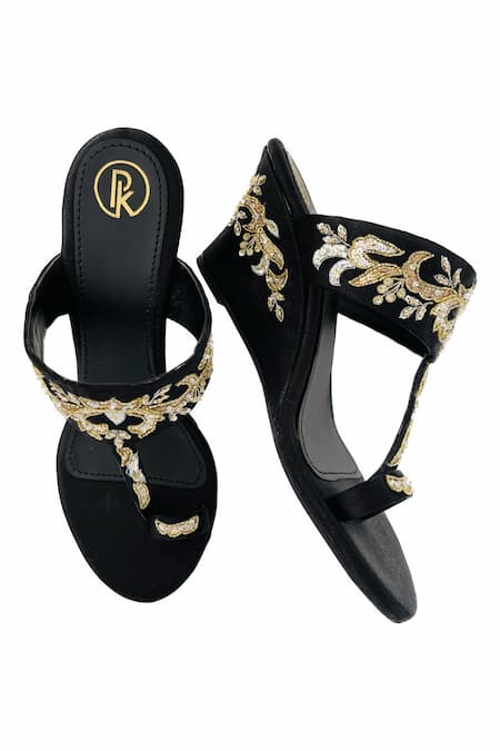 Preet Kaur_Black Embroidery, Sequins Sunehri Floral Wedges _at_Aza_Fashions