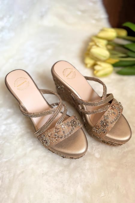 Shop Modanta Footwear Gold Embroidery Antique Floral Wedges at Aza Fashions Shop_Modanta Footwear_Gold Embroidery Antique Floral Wedges_at_Aza_Fashions