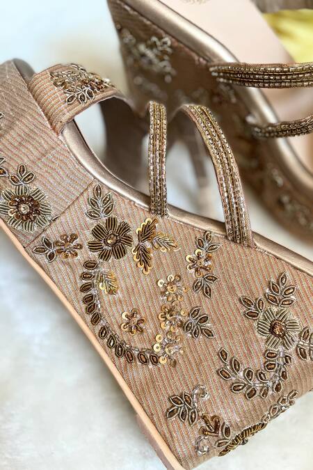 Modanta Footwear Gold Embroidery Antique Floral Wedges Online at Aza Fashions Modanta Footwear_Gold Embroidery Antique Floral Wedges_Online_at_Aza_Fashions