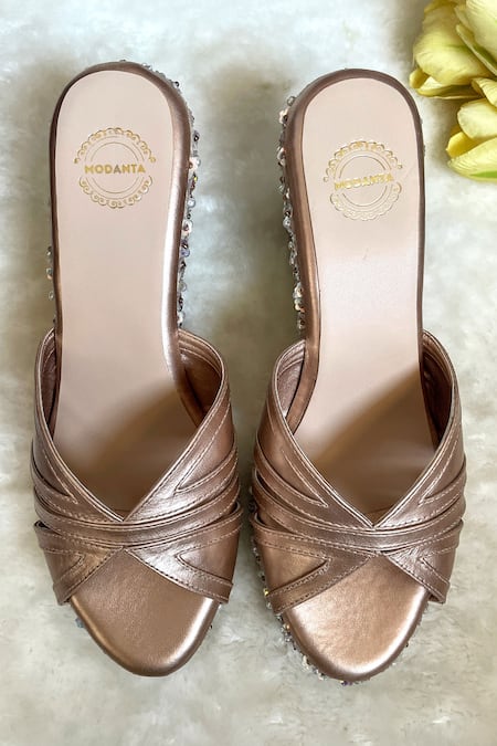 Shop Modanta Footwear Pink Sequins Floral Embellished Wedges at Aza Fashions Shop_Modanta Footwear_Pink Sequins Floral Embellished Wedges _at_Aza_Fashions